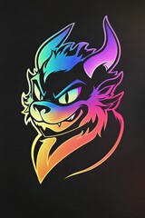 Wall Mural - Rainbow gradient furry creature head, fierce expression, horns, sharp teeth, dark background.