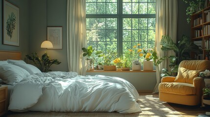 Poster - A spacious bedroom features a large window filled with lush plants and flowers, allowing natural light to flow in. The bright yellow chair complements the serene ambiance of the room.