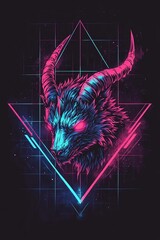 Poster - Stylized digital art of a demonic wolf's head in vibrant neon pink and blue hues, set against a dark grid background with geometric shapes.