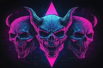 Wall Mural - Three demonic skulls with horns, vibrant neon pink and blue, 80s synthwave style, geometric background.