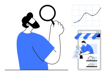 Wall Mural - Man holding magnifying glass, graph displaying market trends, e-commerce app with shopping scenes. Ideal for e-commerce, data analysis, market trends, consumer behavior, online shopping, digital