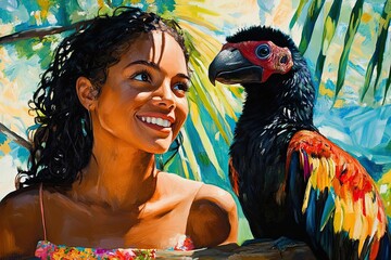 Canvas Print - Woman Smiles While Gazing At A Colorful Parrot