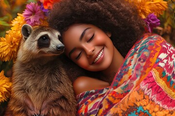 Poster - Girl Smiling with Raccoon Amidst Autumn Flowers