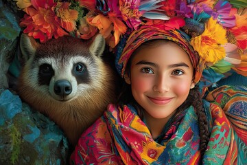 Canvas Print - Girl Smiles With Raccoon And Colorful Floral Headpiece