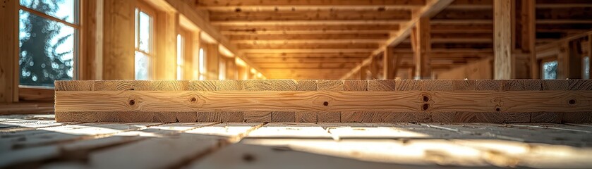 A wooden interior space with beams and natural light streaming in, showcasing a warm, inviting atmosphere.