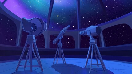 Wall Mural - a tranquil observatory featuring three telescopes, inviting exploration of the starry night sky.