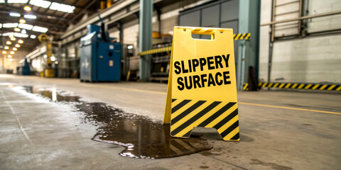 a caution sign warning of a slippery surface, positioned near a puddle in a warehouse setting, highl