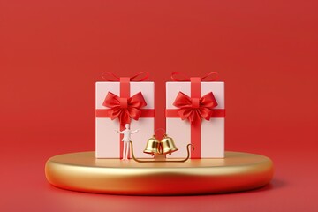 white paper with Miniature people, golden Two golden bells with a red bow , sledge on golden podium with Advent calendar with small gifts for each day leading up to Christmas, 3d illustration of 