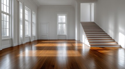 Sunlit empty room with hardwood floor and staircase.