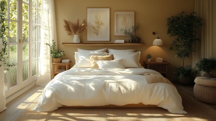 Aufkleber - A serene bedroom filled with natural light from large windows. Soft bedding and decorative elements create a cozy, minimalist ambiance, perfect for relaxation.