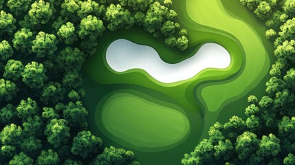 Wall Mural - Aerial view of a golf course green surrounded by lush trees. (1)