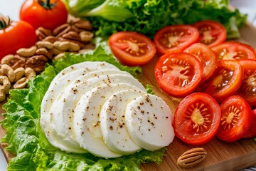 Wall Mural - Fresh mozzarella and tomato salad with nuts on a wooden board ready for a summer meal