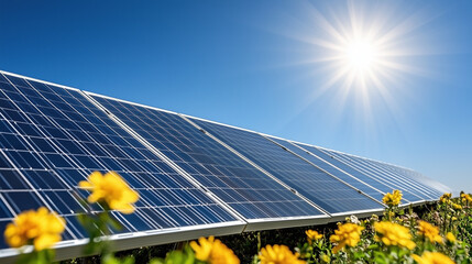 solar panels in sunny field with yellow flowers