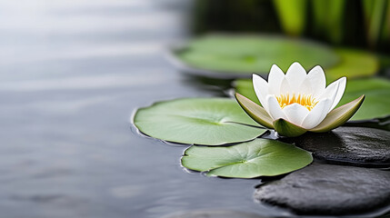 Wall Mural - White water lily on calm pond with green leaves