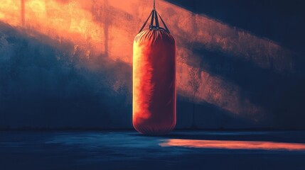 Poster - Red punching bag in dark gym with sunlight.