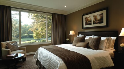 Aufkleber - Cozy bedroom design showcases a large bed with decorative pillows, warm lighting, and an expansive window revealing greenery outside.