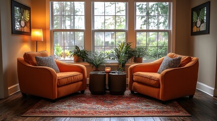 Aufkleber - Two orange armchairs are arranged beside each other, with a small table in the middle. Lush plants frame large windows that allow warm afternoon sunlight to fill the room.