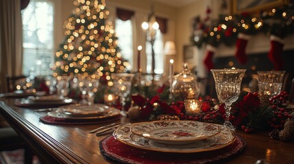 Poster - Cozy holiday dinner setting with festive decorations and warm fireplace ambiance