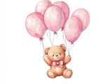 A teddy bear is holding a bunch of pink balloons. Watercolor style.
