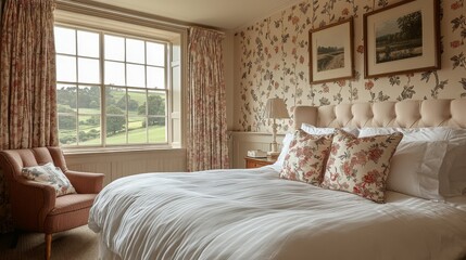Poster - A warm and inviting bedroom features floral wallpaper and a comfortable bed adorned with decorative pillows. A large window offers a stunning view of the countryside below.