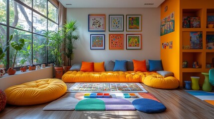 Aufkleber - A bright playroom features large yellow cushions, vibrant artwork on the walls, and a colorful rug. Sunlight streams in through large windows, creating a cheerful atmosphere.