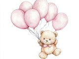 A teddy bear is holding a bunch of pink balloons. Watercolor style. 