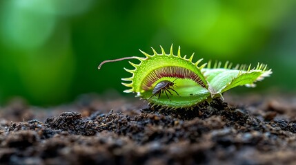 A venus fly trap plant with a bug crawling on it