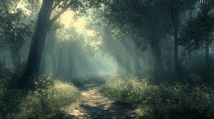 Wall Mural - Morning sunlight filters through trees in a serene forest pathway