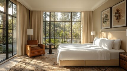 Poster - Natural light fills the spacious bedroom through expansive windows. The room features a cozy bed, a stylish armchair, and tasteful decor, creating a calm and inviting atmosphere.