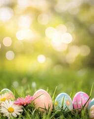  Colorful Easter eggs arranged on green grass with vibrant flowers, creating a cheerful spring scene filled with bokeh light for festive celebrations and holiday joy.