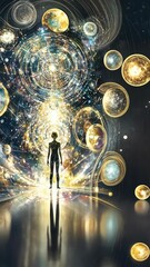 Wall Mural - Cosmic journey of a figure surrounded by radiant orbs and swirling galaxies in a surreal universe