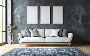 Modern living room interior with white sofa, blue rug, three frames on dark wall, and plant.