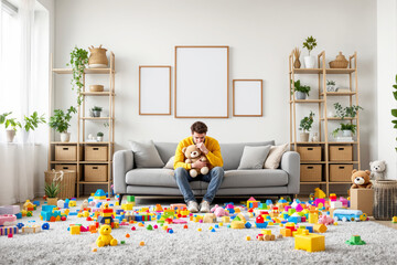 A young man sits on a couch surrounded by colorful toys in a bright, cozy living room.