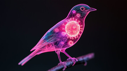 Bird flu mutation avian virus. Illuminated bird with vibrant colors on a dark background.