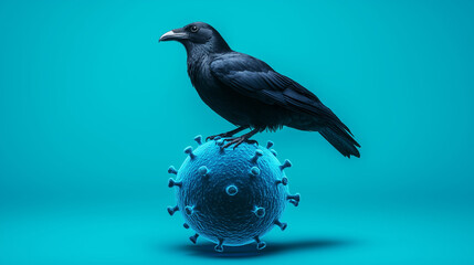 bird flu mutation avian virus. black raven perched on a blue virus sphere against a turquoise backgr