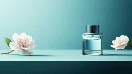 Wall Mural -   A bottle of perfume sits atop a table, flanked by a flower on one side and a solitary blossom on the other