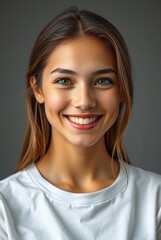 Wall Mural - Portrait of a Young Woman with Long Brown Hair and Bright Smile Against a Dark Background