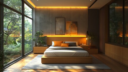 Aufkleber - This modern bedroom features a spacious bed with soft linens, wooden furniture, and large windows that bring in natural light and views of vibrant plants and trees.