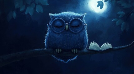 Sticker -   A blue owl perched atop a tree limb with a book cradled in its lap, while a radiant full moon graced the backdrop