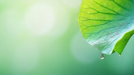 Wall Mural -   A close-up of a green leaf with drops of water on its background, showing the underside of the leaf