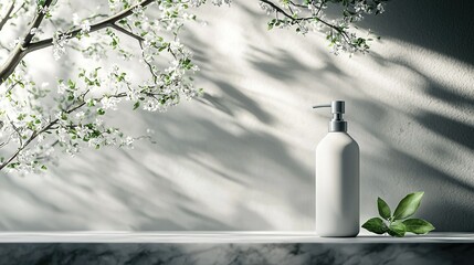 Wall Mural -   A bottle of lotion rests atop a counter beside an apple tree in full bloom