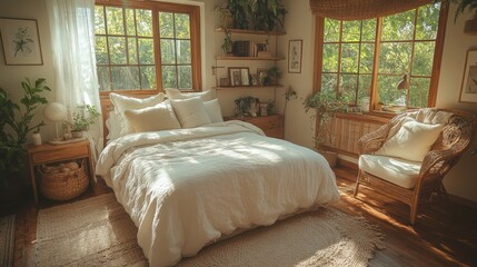 Poster - Bright and inviting bedroom featuring a comfortable bed, natural decor, and large windows allowing warm sunlight to filter in. The room is adorned with plants, creating a peaceful atmosphere.