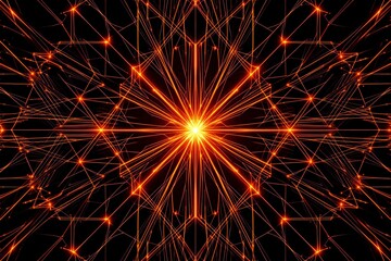 Wall Mural - abstract glowing geometric pattern with orange light beams on dark background.