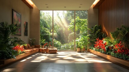Poster - Natural light filters through large windows in a peaceful indoor setting, revealing lush greenery and colorful plants. Cozy seating offers a tranquil retreat.