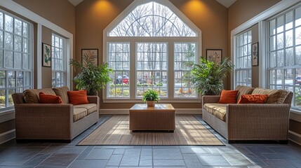 Aufkleber - Bright and airy living area features two comfortable sofas and a coffee table, enhanced by large windows that let in ample natural light. Indoor plants add a vibrant touch.