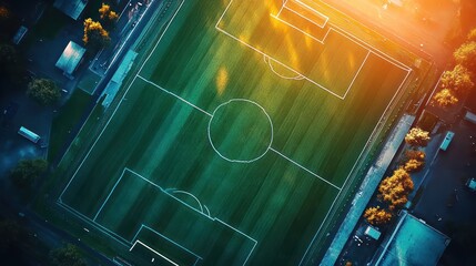 Wall Mural - Aerial view of a soccer field at sunset. (2)