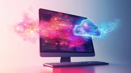 Cloud computing concept shown on a computer screen with colorful effects.