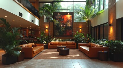 Aufkleber - A spacious lounge area features comfortable brown leather sofas arranged around a central table, surrounded by lush tropical plants. Soft lighting enhances the cozy atmosphere.