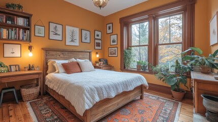 Leinwandbilder - This inviting bedroom showcases a warm orange hue and is filled with natural light. A wooden bed, vibrant plants, and neatly arranged artwork create a comforting atmosphere.