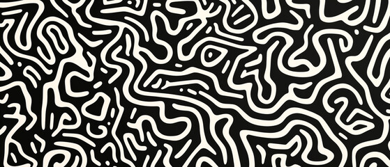 Intricate abstract black and white maze pattern with bold curves and sharp contrasts creating modern artistic decor